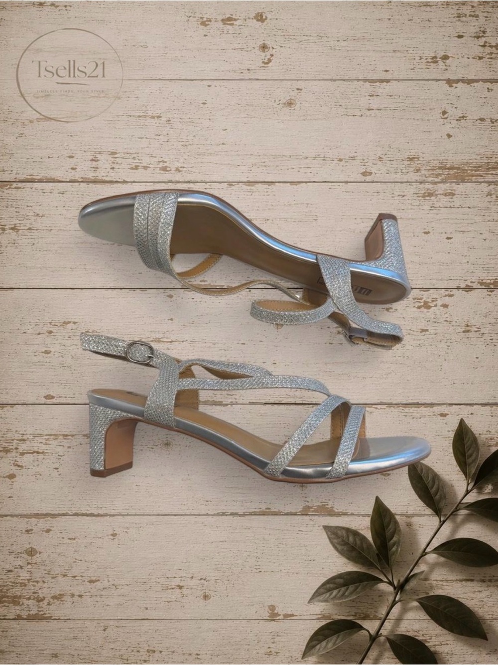 NWT IDIFU Silver Glitter Strappy Block Heels - Size 8